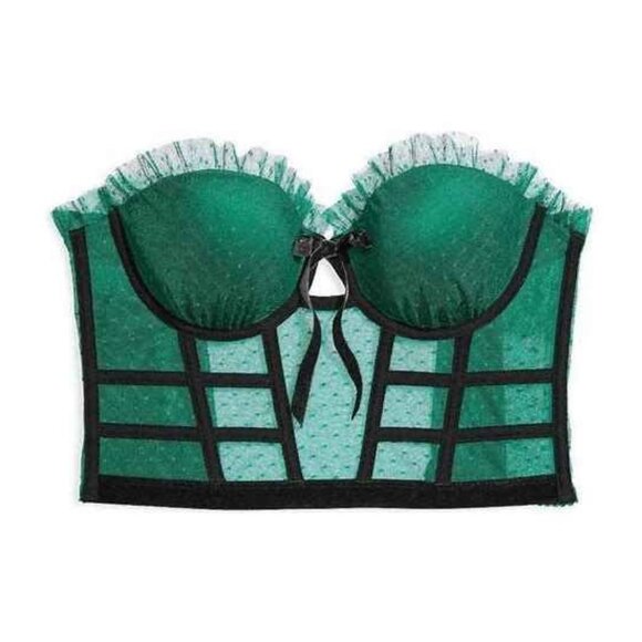 Victoria Secret Bra 32C Dream Angels Bustier Long Line Green Black Boned Ruffle - Picture 11 of 14